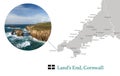 Map of Cornwall, featuring photographic image of Lands EndÃÂ , and key towns in Cornwall marked on map